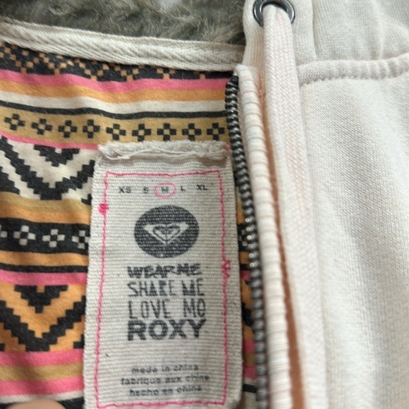 Roxy Light Peach Faux Fur Lined Hood Zip Hoodie Sweatshirt Junior Womens Medium - Picture 7 of 11